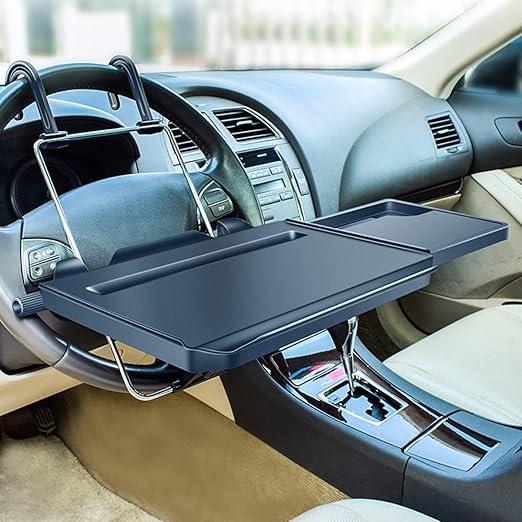 Tray set up on a steering wheel